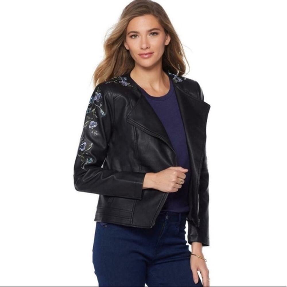 G by Giuliana | Medium | Black Vegan Leather Floral Embroidered Moto Jacket - Picture 1 of 9